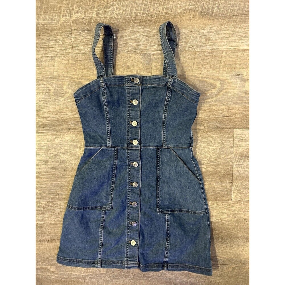 HM Divided Denim Pinafore Dress Button Front Overall Jumper Blue Mini Womens 6